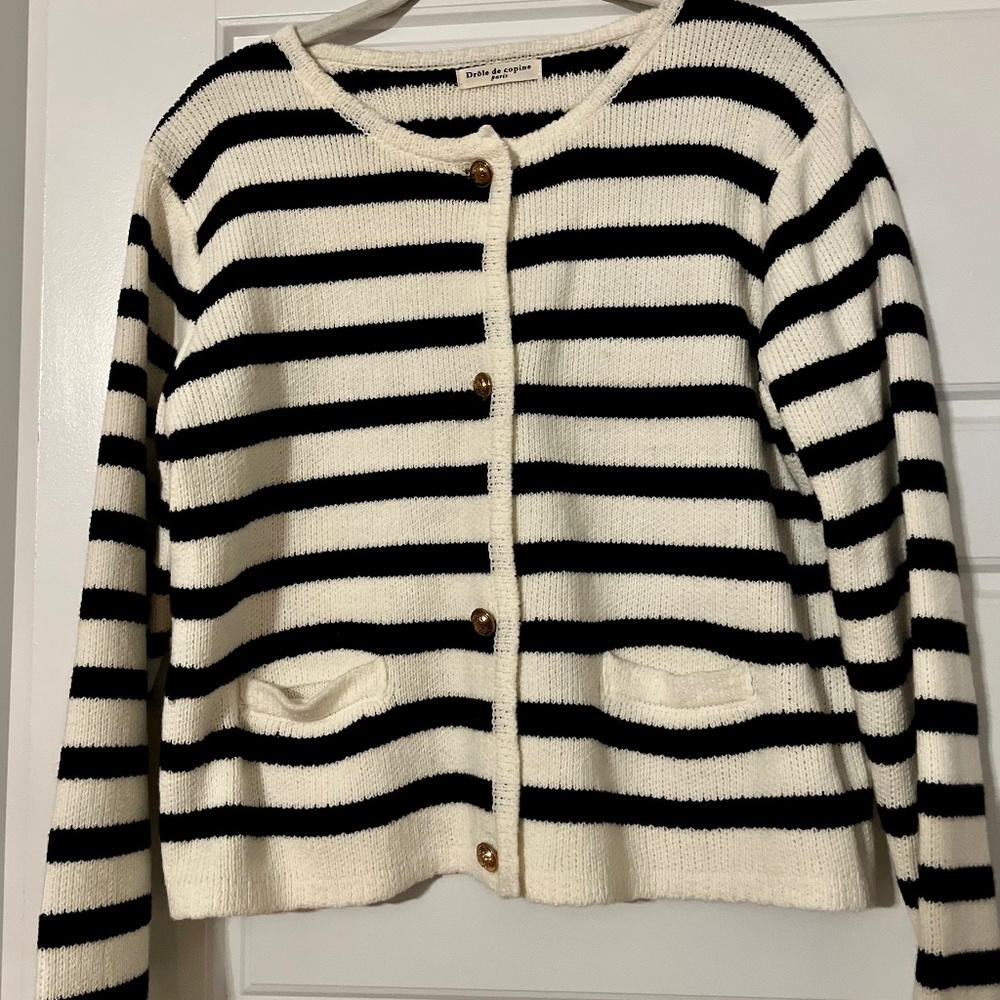 Black & White Striped Cardigan with Gold Buttons